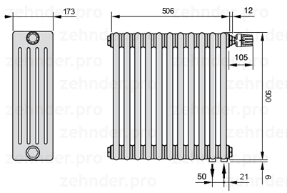 Схема (чертеж) Радиатор Zehnder Charleston 5090/11 №V002 Белый глянцевый RAL 9016